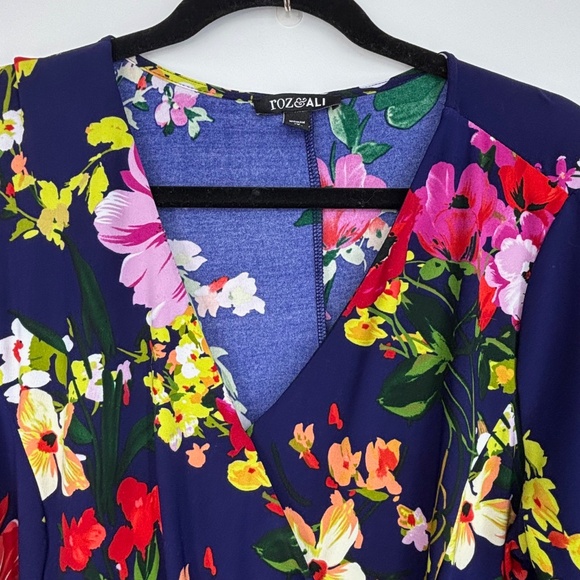 Roz & Ali Womens 1X Pullover Knit Dress Indigo Blue Multi Floral Elbow Sleeves - Picture 4 of 9